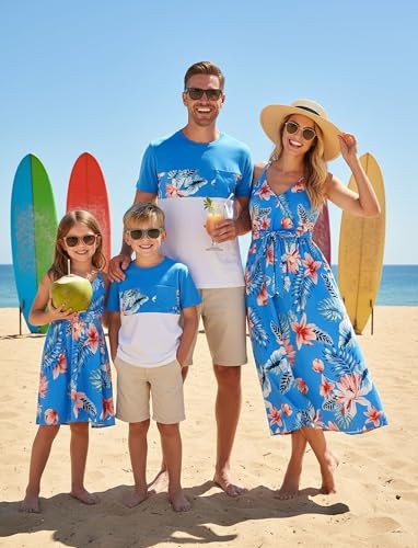 Image of PATPAT Family Matching Outfits Mommy and Me Dresses Hawaiian Tropical Vacation Beach Spaghetti Strap Dress and Shirt