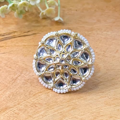 I Jewels Gold Plated Indian Wedding Bollywood White Kundan & Pearl Studded Adjustable Finger Ring for Women (FL207-09)2