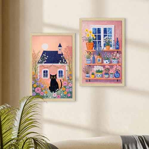 Image of ArtX Paper Boho Cat Art Paintings with Frame for Home Decor, Abstract Wall Painting for Living Room, Multicolor, Natural Wood Color Frames, 12.0 x 18.0 inch, Set of 2