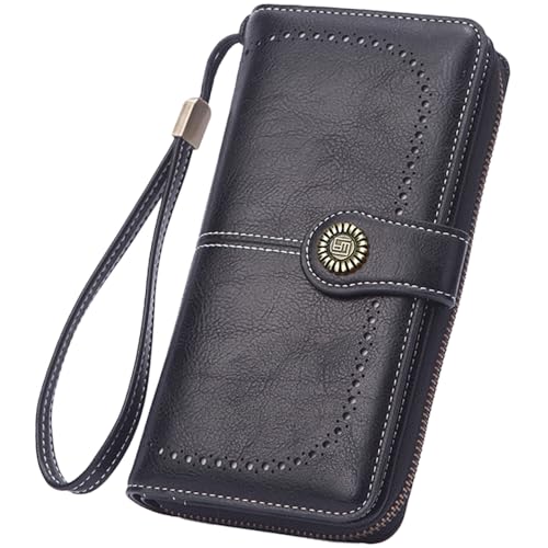 Image of Women Leather Wallet Crossbody Shoulder Bag with Double Zipper and Mobile Phone Purse with Shoulder Strap