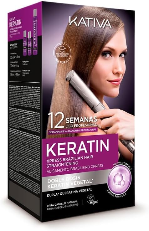 Kativa Brazilian Keratin Express Straightening Kit, Formaldehyde Free At-Home Hair Straightening System for Intensive Frizz Reduction and Sleek Results, Vegan, Up to 12 Weeks