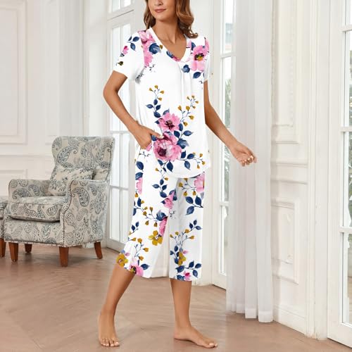Image of Bestbee Women's Pajama Sets 2 Piece Lounge Outfits Summer Sleepwear V Neck Short Sleeve Capri Pant With Pockets Ladies Pjs