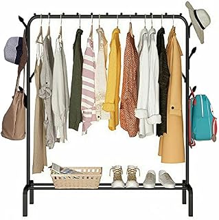 WODENY Clothes Rail Metal Garment Rack Freestanding Hanger Display Stand Rail Bedroom Clothing Rack with 8 Side Hooks, 1 Tier Lower Storage Shelf for Shoes Boxes 4.9ft Coat Drying Rack (Black)