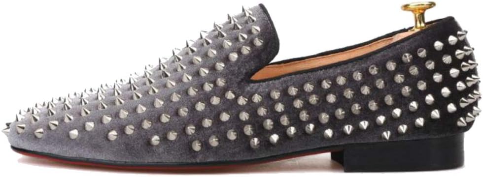 FERUCCI Men Grey Velvet Slippers Loafers Flat with Silver Spikes Rivets