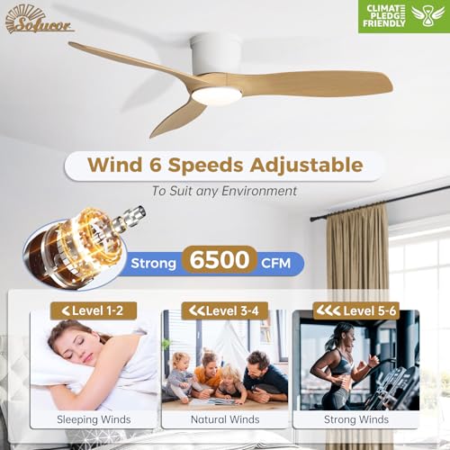 Sofucor 52 Inch Smart Ceiling Fan with Lights, Modern Low Profile Flush Mount Ceiling Fan with 6500CFM, Compatible with Alexa/Google/App, 3 Plastic Blade, Dimmable Timer Reversible DC Motor, ETL, ABS thumbnail 3