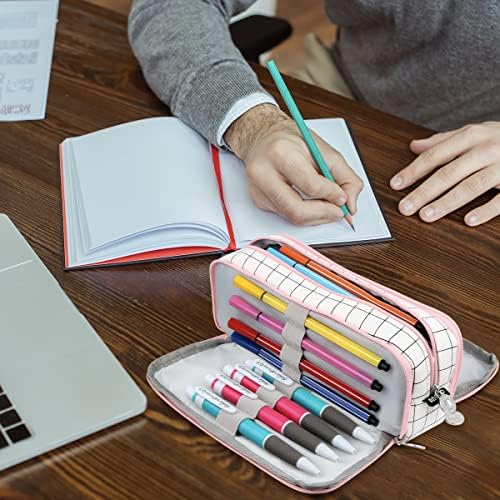 Pencil Case Large Capacity Pencil Bag 3 Compartment Pencil Pouch Big Storage Pen Cases for Girls Boys Middle High School College Students Teen Adults Office Organizer Gifts (Plaid White)