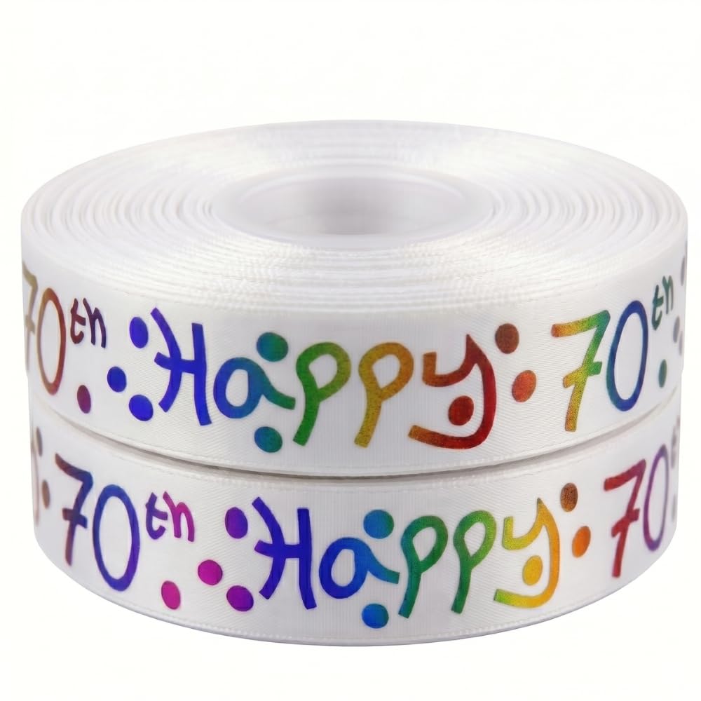 Happy 70th Birthday Ribbon White Multi Colour Satin 25mm x 2m Birthday Ribbon for Gift Wrapping Ribbons for Gift Wrapping, Cakes Birthday Decorations Cards