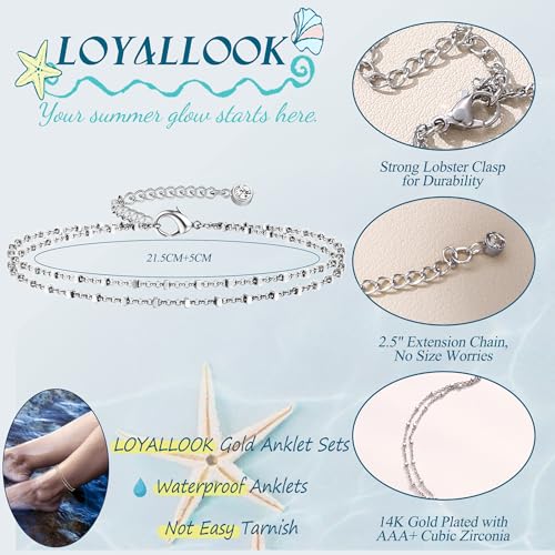 Image of LOYALLOOK Ankle Bracelets for Women Waterproof, 14K Gold Plated Cuban Figaro Link Chain Anklets Non Tarnish, Dainty Layered Anklet Bracelets Adjustable Summer Beach Foot Jewelry