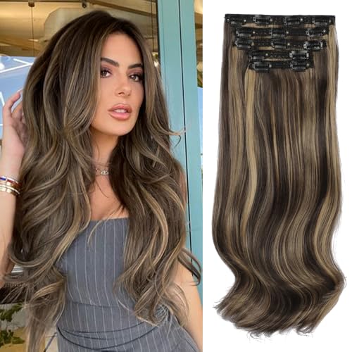 Vigorous Clip in Hair Extensions 5PCS Long Wavy Hair Extensions Clip Ins 20Inch Brown Mix Blonde Synthetic Soft and Natural Thick Hair Extensions for Women