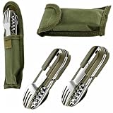 Dwitkul 2 Stück 7 In 1 Multifunktions Reisebesteck, Bundeswehr Besteck mit Gürteltasche, Klappbesteck Feldbesteck Wanderbesteck,Camping Besteckset für Outdoor, Wandern, Reise.(Grün)