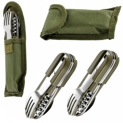Dwitkul 2 Stück 7 In 1 Multifunktions Reisebesteck, Bundeswehr Besteck mit Gürteltasche, Klappbesteck Feldbesteck Wanderbesteck,Camping Besteckset für Outdoor, Wandern, Reise.(Grün)