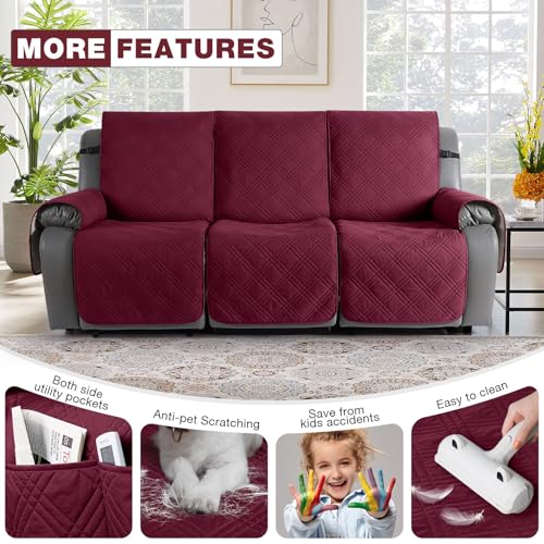 Image of TAOCOCO 100% Waterproof Recliner Sofa Covers 3 Seater, Split Couch Covers for Reclining Couches, Non Slip Reclining Couch Covers with Double Straps for Kids Pets(3 Seater, Wine)