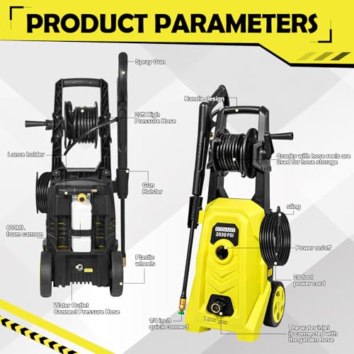 WXNANY 2030 Max PSI 1.76 GPM 14.5-Amp Electric High Pressure Washer 1800W for Cars Fences Driveways Patios with 4 Interchangeable Nozzles, Foam Cannon and Hose Reel, Yellow - Image 3