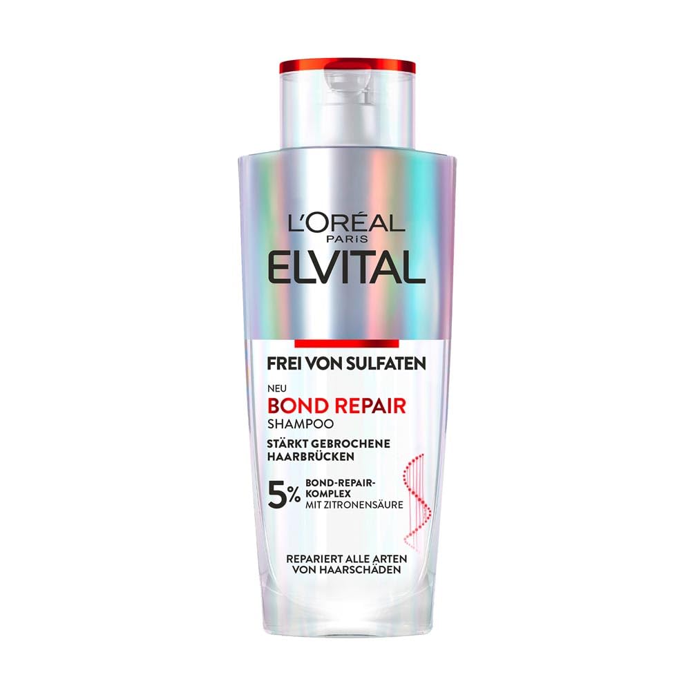 L'Oréal Paris Elvital Bond Repair Shampoo, sanfte Reinigung zur Haarreparatur, gegen Haarschäden, für weniger Haarbruch und mehr Glanz, sulfatfrei, mit Bond-Repair-Komplex und Zitronensäure, 200ml
