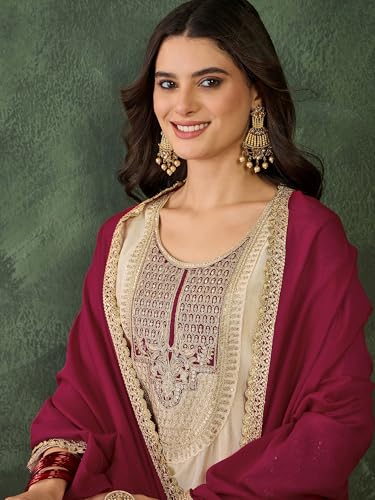 Image of Naixa-Women's Vichitra Silk with Lining Embroidered Flared Kurta with Pant and Dupatta Sets (NX-881)