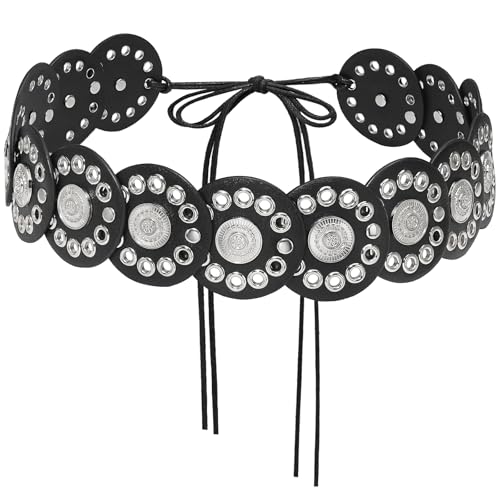 Women’s Western Disc Belt Hollow Boho Concho Leather Belt for Dresses Jeans Festival Outfits