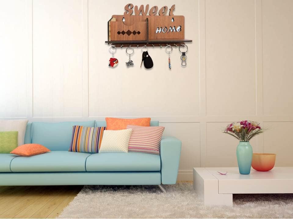 Image of Sweet Home MDF Wood Wall Mounted Design Family Key Holders for Wall Decor Wooden Stylish Hook Stand Key Organizer for Decor Home Office, Living Room, Hall, Kitchen Mobile Charge Stand