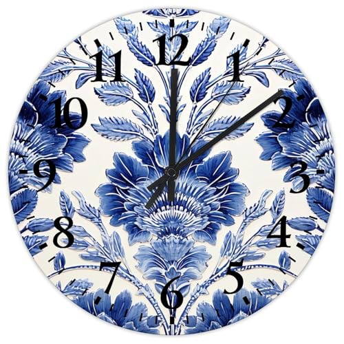 Wood Hanging Wall Clock Analog Round Non-Ticking Blue and White