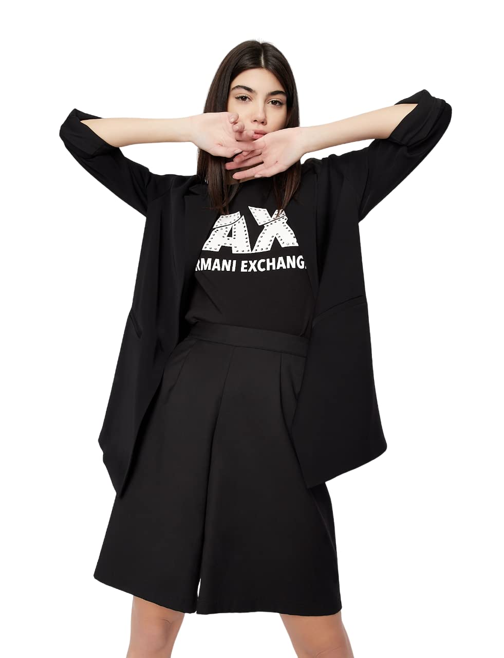 Armani Exchange Womens Studded Logo Slim Fit Scoop Neck Tee