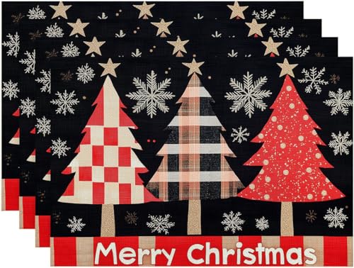 Merry Christmas Placemats Set of 4 Christmas Tree Snowflake Place Mats Washable Table Dinner Mats Linen Table Mats for Kitchen Dining Party Home Kitchen Decor 12x18 Inch