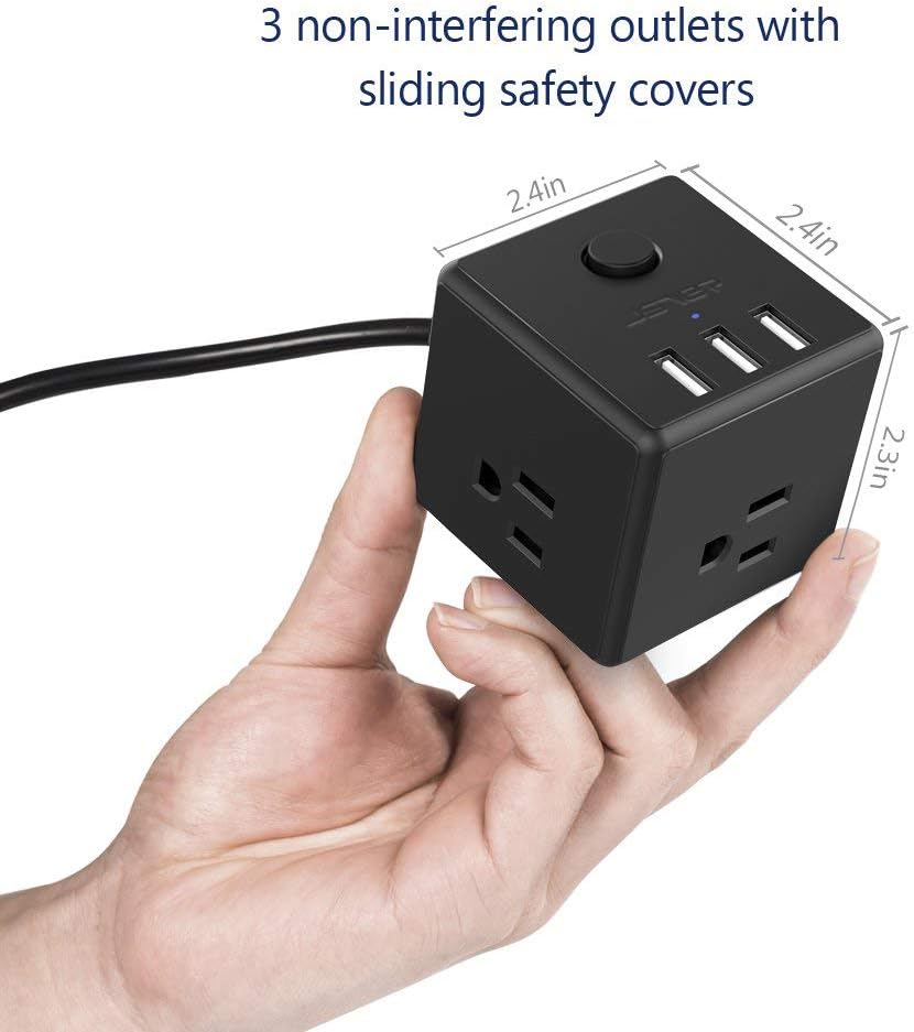Small Power Strip USB JSVER Power Strip with 3 USB Ports, Outlet Strip with 3 AC outlets,4.92ft Extension Cord,USB Charging Station for iPhone Xs/XR,Travel, Cruise Ship, Home, Office, Desktop (Black)