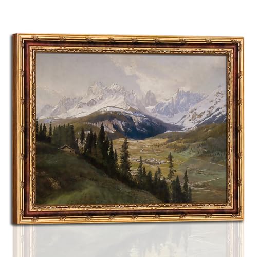 Framed Vintage Mountain Landscape Canvas Wall Art Rustic Farmhouse Pine Tree Picture Print Countryside Cabin Painting with Snowy Alps View Nature Wall Decor for Living Room Office 8x10Inches
