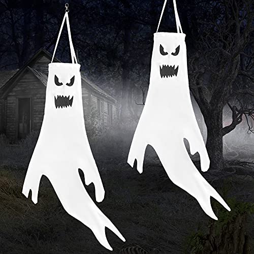 Lovinland Halloween Ghost Windsocks Halloween Decorations 2 Piece Ghost Hanging Decor Ghost Flag Wind Socks for Home Yard Outdoor Decor Party Supplies