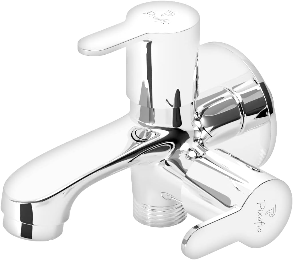 Pixaflo Fission Brass 2-Way Bib Cock 2-in-1 Tap Two Way Two in One Faucet with Wall Flange, Chrome