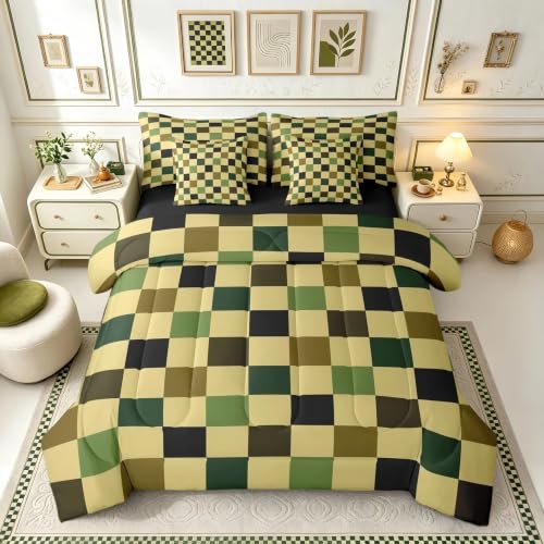 Image of Checkered Retro Comforter Set Twin Size 7 Pieces Hunter Green Plaid Bedding Set for Kids Boys Girls Geometric Camo Army Bed in a Bag Modern Hunting Groovy Aesthetic Bedroom Decor Quilted Lightweight