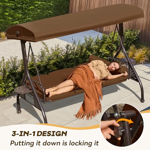 Image of 3 in 1 Outdoor Porch Swing with Adjustable Canopy, 3 Seat Outdoor Swing for Adults, Patio Swing Chair with Thickened Cushions,Pillows & Cup Holders for Backyard, Porch, Garden (Brown)