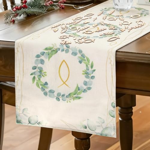 Eucalyptus Nappe de Table 180 x 40cm Nappe Deco Bapteme Première Communion Chemin de Table pour Communion avec 100 Petits Poissons Décoration Communion...