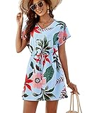 Bluetime Women Summer Dresses Waist Drawstring Beach Floral Print Sundress Casual Loose V-Neck Boho Dress (M, Floral15)