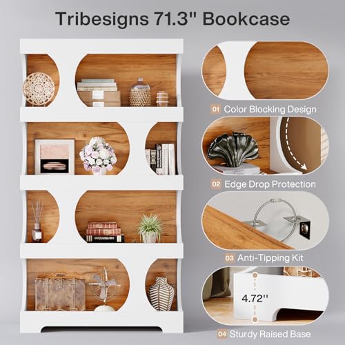 Image of Tribesigns 71 inch Tall Bookcase Set of 2, 4-Tier S-Shaped Bookshelf, Wood Decorative Storage Shelving, Modern Freestanding Display Shelves, Large Library Bookshelf Unit for Home Office, White & Brown