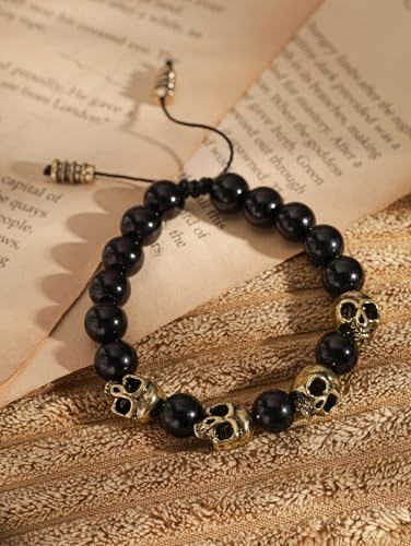 Pulsera ajustable de cuentas con calavera negra y oro miniatura 7