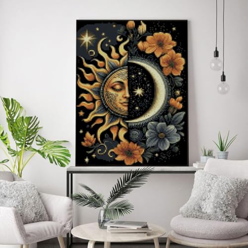 Image of MYBISYMQQ Stamping Cross Stitch Kit Sun and Moon, Round Counting Cross Stitch Kit for Adult Beginners, Full Line DIY Cross Stitch Stitching Kit for Home Decor Cross Stitch Patterns 11.8x15.7inches
