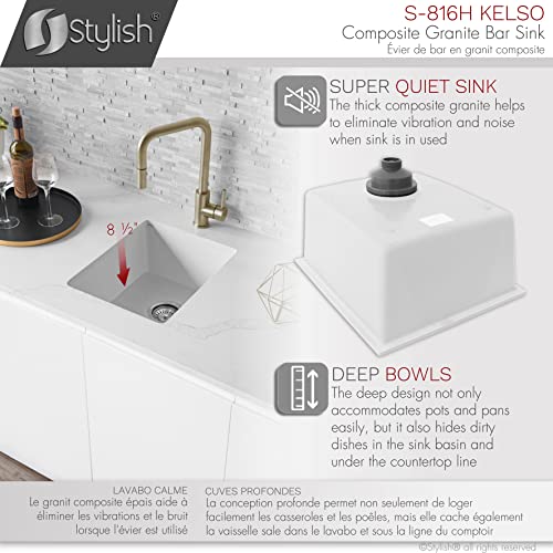 Image of Stylish 15.5 x 17.5 Inch Composite Granite Kitchen or Bar Sink, Single Bowl Under Mount & Drop in, 8.5 in Deep, Rear-Center Drain, with Strainer, White, S-816H