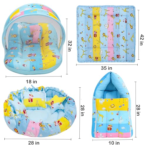Image of Fareto Combo of Baby Bed with Net | Carry Bag | 4 Pcs Bedding Set (0-6 Months, Baby Size, Cotton) (Giffi Blue)