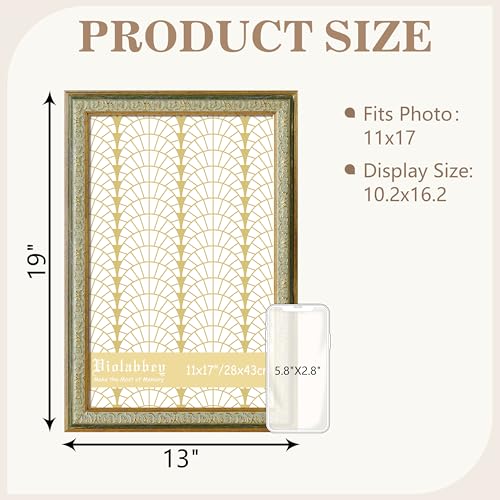 Image of VIOLABBEY 11x17 Picture Frame Green, Vintage Frames Ornate without Mat | Ornate Antique Frame, Fits 11x17 Photos for Wall Hanging, HD Plexiglass, Wall Decor