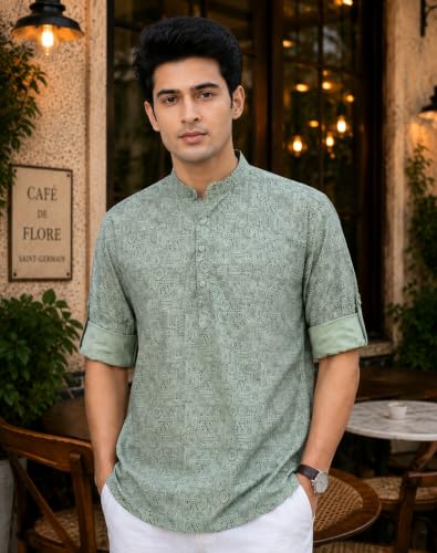 Image of Majestic Man Men's Cotton Regular Fit Short Printed Designer Kurta