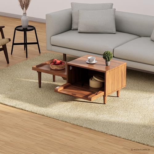 Image of KOVA Solid Sheesham Wood Coffee Table & Centre Table for Living Room with Lift-Down Shutter Storage and Open Side Tray (Dotted, Honey Finish)