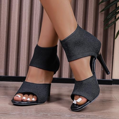High Heel with Elastic Back,Women's Peep Toe Stiletto Heeled Sandals,Open Toe Breathable Mesh Knitted Slip on Boots3