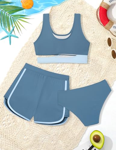 NECIOUS Girls Swimsuit Bikini Set, 3 Piece Bathing Suits Color Block Cutout Teen Swimwear with Shorts Size 13-14 Blue - Image 6