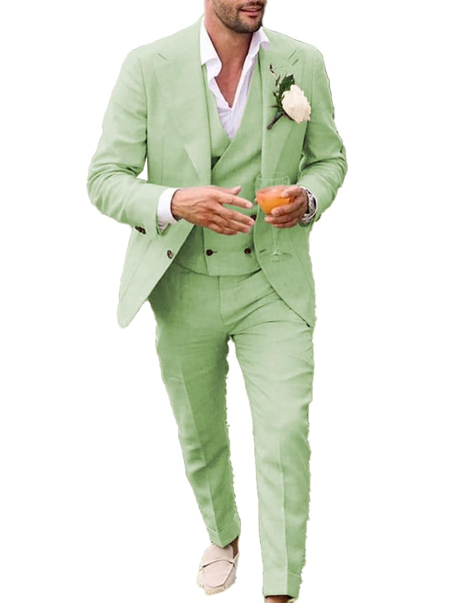 Completo da uomo in lino, stile casual, 3 pezzi, vestibilità regolare, giacca, gilet e pantaloni, per ballo di fine anno e matrimonio