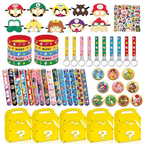 Hatraky Birthday Party Favor Supplies Birthday Party Decorations Set Includes 50 Stickers 15 Slap Bracelets 10 Bracelets 10 Button Pins 10 Key chains 10 Box 10 Mask