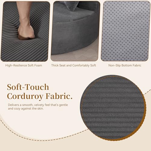 Image of 55''Oversized Round Boneless Chaise Lounge Chair,Corduroy Modern Floor Sofa Deep Seat, Compressed Circle Comfy Barrel Chair, No Assembly Sleeper Cloud Sofa Couch Bed for Living Room, Bedroom,Grey