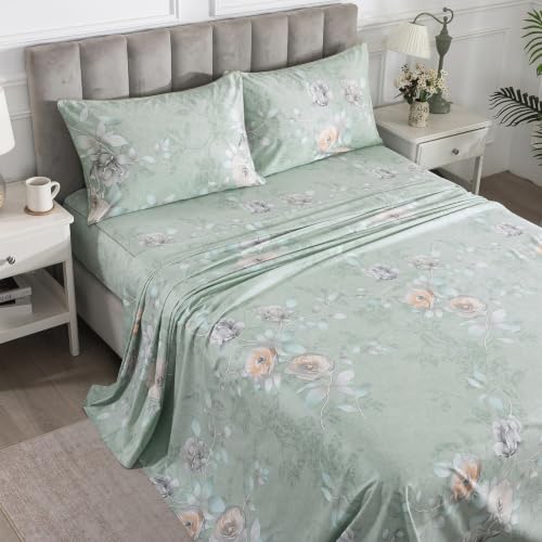 Image of Sage Green Floral Percale Sheets California King Deep Pocket, 4Pcs