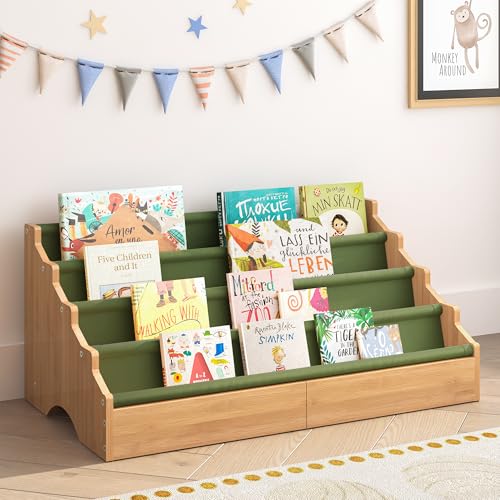 Image of ELYKEN Toddler Bookshelf for Kids Rooms, Nursery Book Shelves with Open Forward Display, Montessori Book shelf for Baby Room, Small Children Classroom Books Rack Storage, Reading Corner for Kid, Green