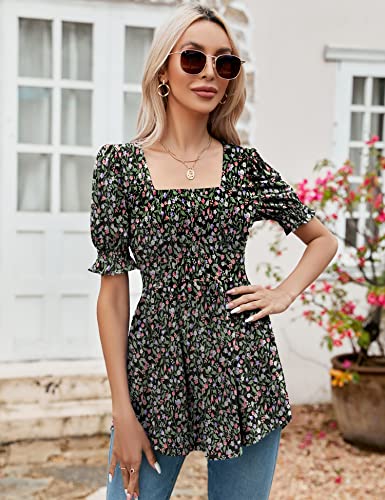 Lomon Womens Tunics Short Lantern Sleeve Smocked Peplum Top Square Neck Tops Empire Waist Peasant Blouses, L #TOP3