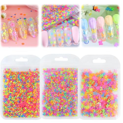 Nagelkunst Glitzer Pailletten Mini Glitzerpulver Set 3D Klare Ultradünne Nagelkunst Runde Nägel Kunst Pailletten Glitzer für Nägel mit Schmetterlinge Liebe Nageldekoration für Frauen (Fluoreszenz)