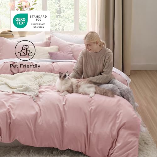 Image of Bedsure Prewashed Duvet Cover Full, Cotton-Like Soft Bedding Set, Pink | Ultra Soft, Relaxed Texture, 80 inchx90 inch Breathable Comfort, Hidden Zipper, 8 Corner Ties, Easy Care, OEKO-TEX, Year-Round Use